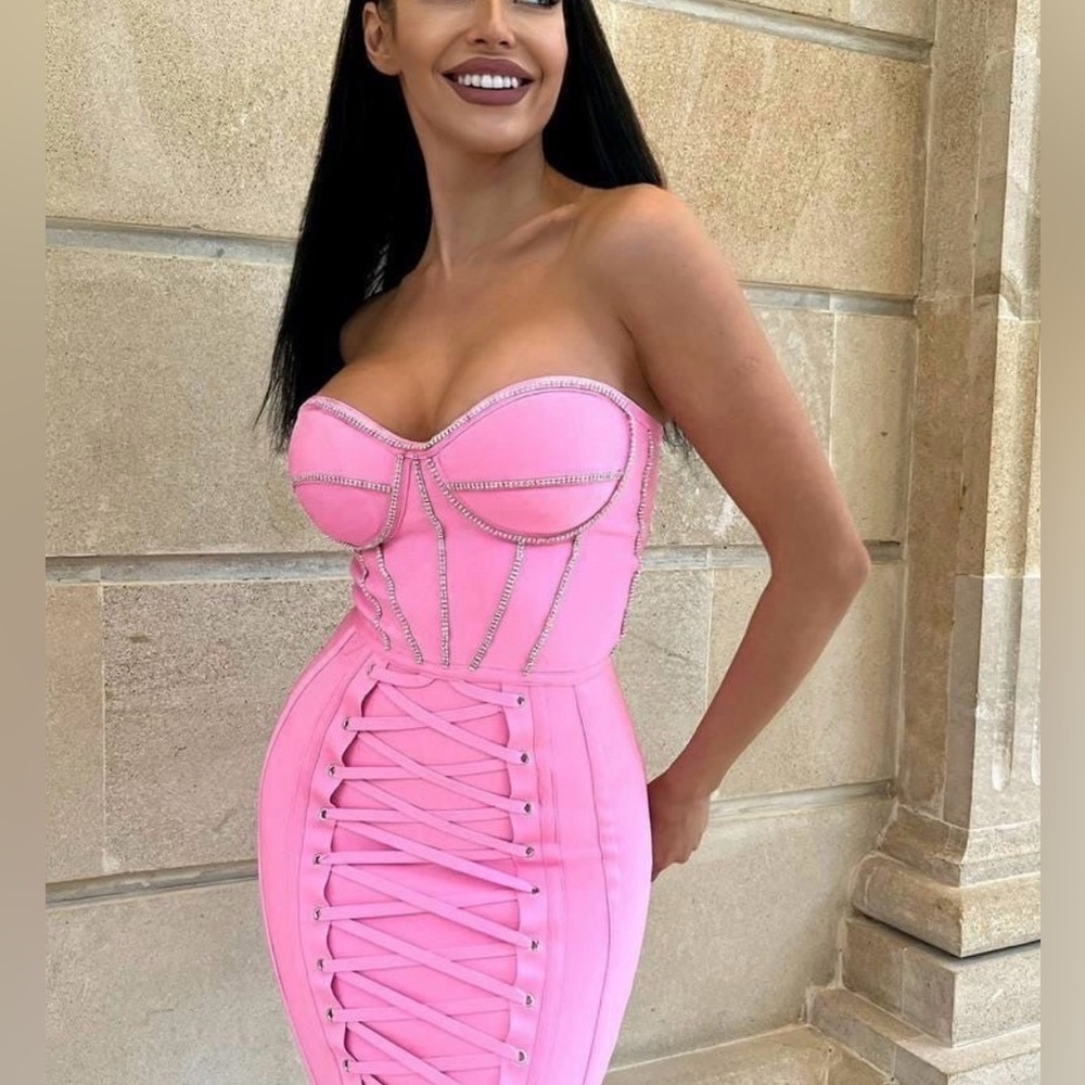New Bodycon Pink Corset Style Summer Strapless Dress with rhinestones size XS